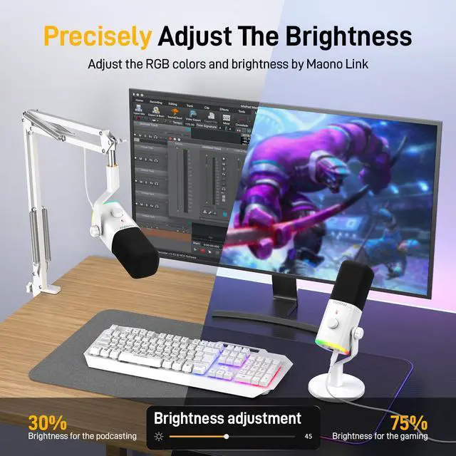 Alt view image 5 of 7 - XLR/USB Gaming Microphone for PC, Dynamic Computer Mic for Streaming Podcasting, Noise Reduction, Mute, Volume Control, RGB Boom Mic for Vocal Recording,Voice-Over, PD100XS White