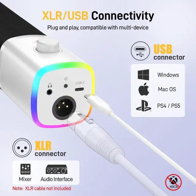 Alt view image 6 of 7 - XLR/USB Gaming Microphone for PC, Dynamic Computer Mic for Streaming Podcasting, Noise Reduction, Mute, Volume Control, RGB Boom Mic for Vocal Recording,Voice-Over, PD100XS White