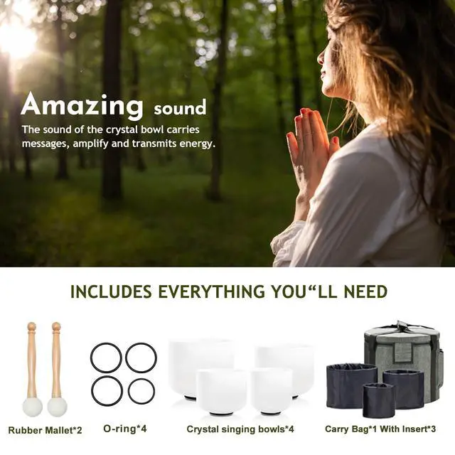 Alt view image 6 of 6 - Crystal Singing Bowl Set of 4 PCS, 6"A, 8" F,10" G,12" C | Frosted Chakra Quartz Bowl, Sound Healing Meditation,Mindfulness,Relaxation, Includes Case Bags and Rubber Mallets