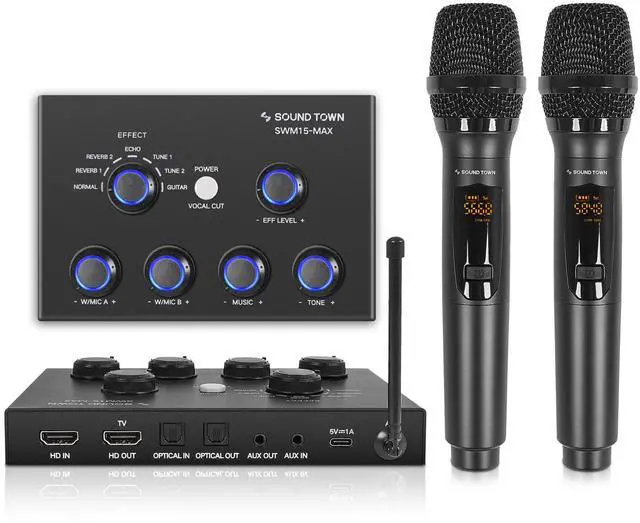 Main image of 16 Channels Wireless Microphone Karaoke Mixer System w/ 2 Wireless Mics, HD ARC, Optical (Toslink), AUX, Supports Smart TV, Media Box, PC, Bluetooth, Soundbar, Receiver (SWM15-MAX)