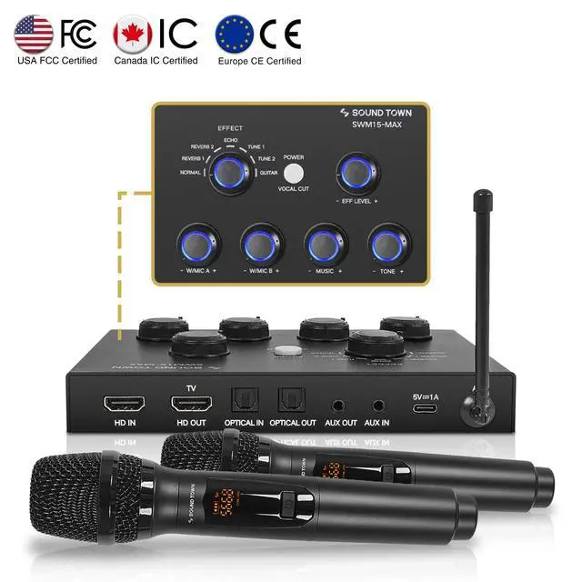 Alt view image 2 of 7 - 16 Channels Wireless Microphone Karaoke Mixer System w/ 2 Wireless Mics, HD ARC, Optical (Toslink), AUX, Supports Smart TV, Media Box, PC, Bluetooth, Soundbar, Receiver (SWM15-MAX)