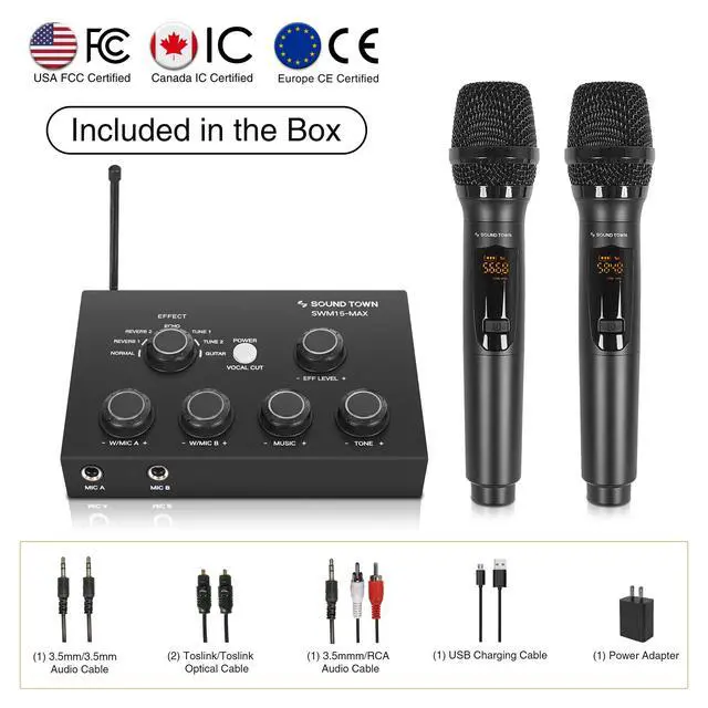 Alt view image 3 of 7 - 16 Channels Wireless Microphone Karaoke Mixer System w/ 2 Wireless Mics, HD ARC, Optical (Toslink), AUX, Supports Smart TV, Media Box, PC, Bluetooth, Soundbar, Receiver (SWM15-MAX)