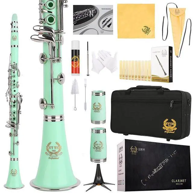 Main image of Bb Clarinet 17 Nickel Keys Woodwind Band & Orchestra Musical Instruments for Beginners Includes Case, Stand, 10 Reeds and Cleaning Kit-Green