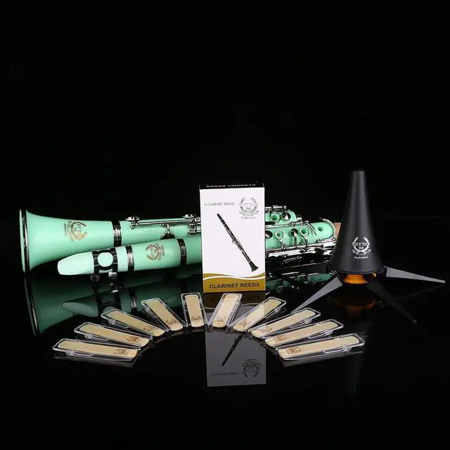 Alt view image 3 of 7 - Bb Clarinet 17 Nickel Keys Woodwind Band & Orchestra Musical Instruments for Beginners Includes Case, Stand, 10 Reeds and Cleaning Kit-Green