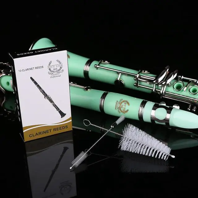 Alt view image 5 of 7 - Bb Clarinet 17 Nickel Keys Woodwind Band & Orchestra Musical Instruments for Beginners Includes Case, Stand, 10 Reeds and Cleaning Kit-Green