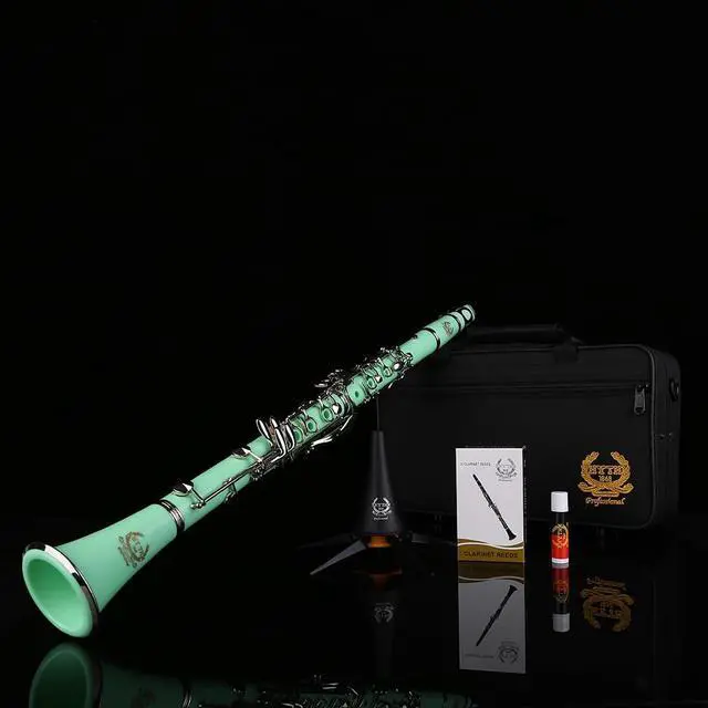 Alt view image 7 of 7 - Bb Clarinet 17 Nickel Keys Woodwind Band & Orchestra Musical Instruments for Beginners Includes Case, Stand, 10 Reeds and Cleaning Kit-Green