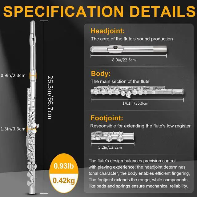 Alt view image 2 of 7 - Closed Hole C Flute, Responsive Flute Instrument, Durable Flutes Set | with Gig Bag, Collapsible Stand, Beginner's Guide, Cleaning Kit - Effortless for Beginners, Students (Nickel Plated)