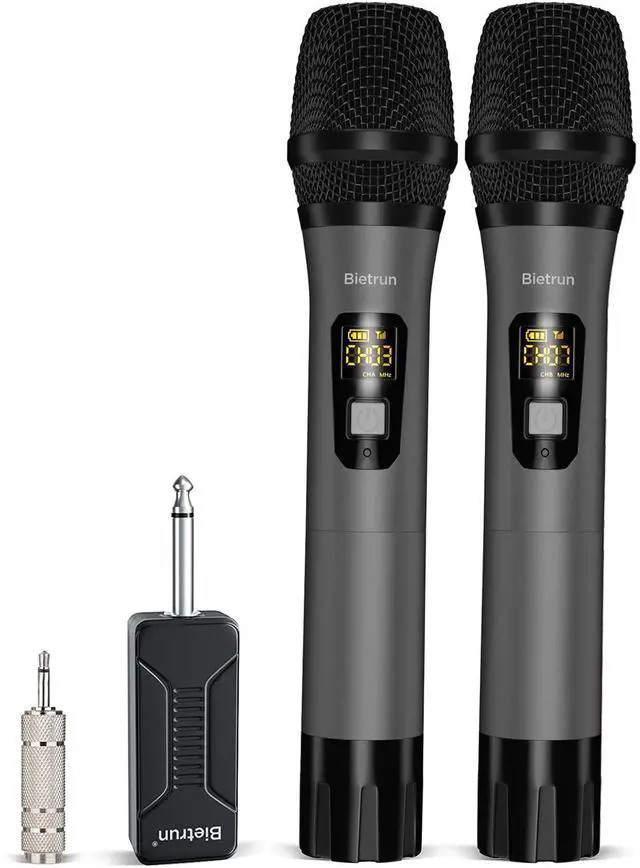 Main image of Wireless Microphone, UHF Metal Dual Handheld Cordless Dynamic Mic System with Rechargeable Receiver, 1/4Output, for Karaoke, Church, Speech, Wedding, Party Singing(160 ft Range)-Auto Connect