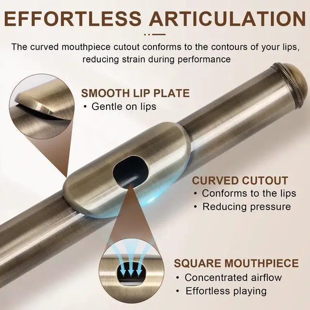 Alt view image 3 of 7 - Closed Hole C Flute, Responsive Flute Instrument, Premium and Durable Flutes with Gig Bag, Collapsible Stand, Beginner's Guide, Cleaning Kit - Effortless for Beginners, Students (Bronze)