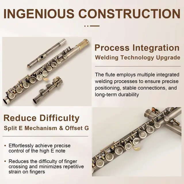 Alt view image 4 of 7 - Closed Hole C Flute, Responsive Flute Instrument, Premium and Durable Flutes with Gig Bag, Collapsible Stand, Beginner's Guide, Cleaning Kit - Effortless for Beginners, Students (Bronze)
