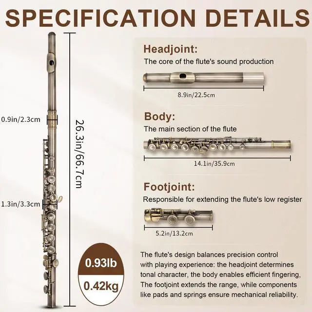 Alt view image 2 of 7 - Closed Hole C Flute, Responsive Flute Instrument, Premium and Durable Flutes with Gig Bag, Collapsible Stand, Beginner's Guide, Cleaning Kit - Effortless for Beginners, Students (Bronze)