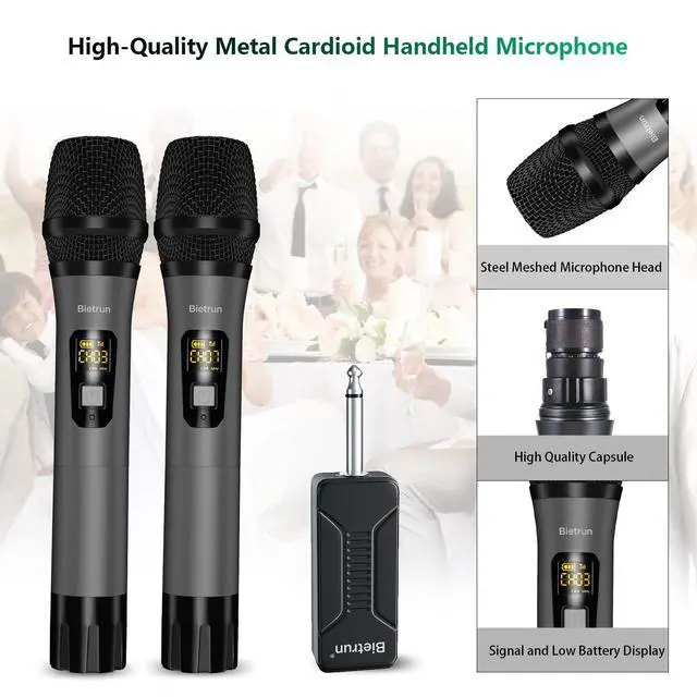 Alt view image 4 of 7 - Wireless Microphone, UHF Metal Dual Handheld Cordless Dynamic Mic System with Rechargeable Receiver, 1/4Output, for Karaoke, Church, Speech, Wedding, Party Singing(160 ft Range)-Auto Connect
