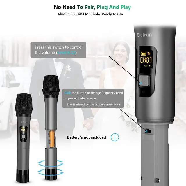 Alt view image 6 of 7 - Wireless Microphone, UHF Metal Dual Handheld Cordless Dynamic Mic System with Rechargeable Receiver, 1/4Output, for Karaoke, Church, Speech, Wedding, Party Singing(160 ft Range)-Auto Connect