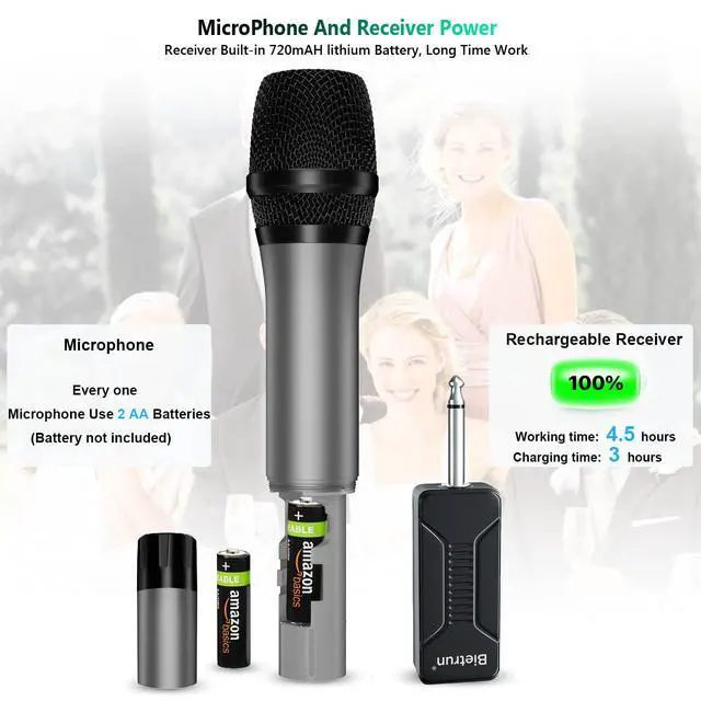 Alt view image 5 of 7 - Wireless Microphone, UHF Metal Dual Handheld Cordless Dynamic Mic System with Rechargeable Receiver, 1/4Output, for Karaoke, Church, Speech, Wedding, Party Singing(160 ft Range)-Auto Connect
