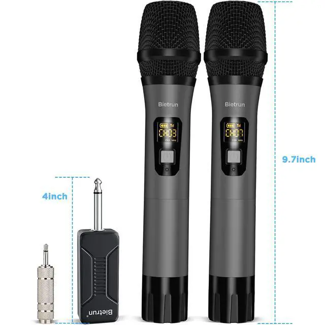 Alt view image 7 of 7 - Wireless Microphone, UHF Metal Dual Handheld Cordless Dynamic Mic System with Rechargeable Receiver, 1/4Output, for Karaoke, Church, Speech, Wedding, Party Singing(160 ft Range)-Auto Connect