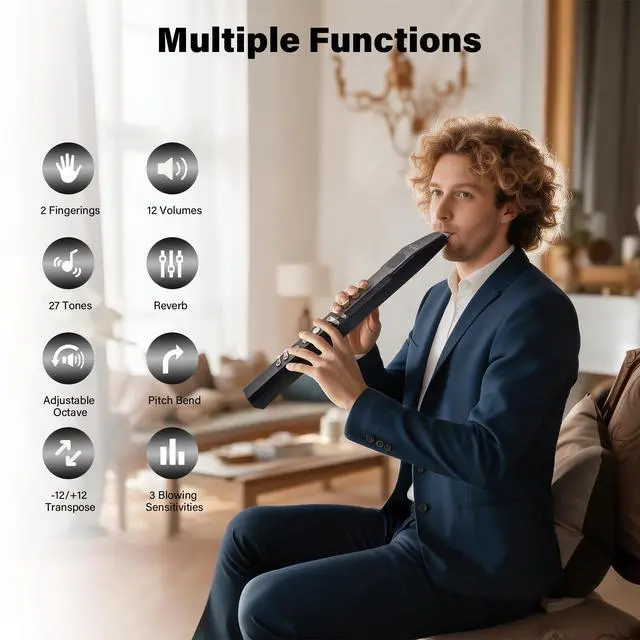 Alt view image 3 of 7 - Portable Digital Wind Instrument Mini Electric Saxophone for Beginner | 27 Musical Tones, 2 Fingering Modes, 5-Octave Range, Rechargeable, Bluetooth MIDI & Headphone Mode, Gift for Adults Teens