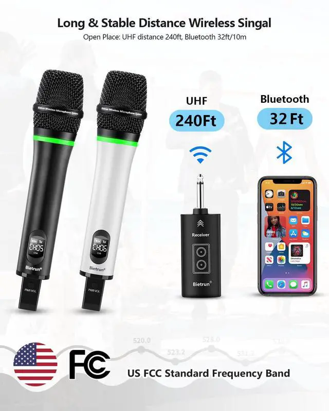 Alt view image 2 of 7 - Rechargeable Wireless Microphone,Dual Metal Cordless Handheld Dynamic Wireless Mics with Bluetooth, UHF 240FT Range for 1/4'',1/8''Output,PA System,Dj,Mixer,Church(WhiteBlack)