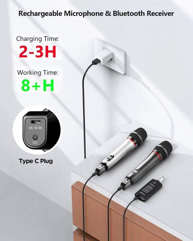 Alt view image 3 of 7 - Rechargeable Wireless Microphone,Dual Metal Cordless Handheld Dynamic Wireless Mics with Bluetooth, UHF 240FT Range for 1/4'',1/8''Output,PA System,Dj,Mixer,Church(WhiteBlack)
