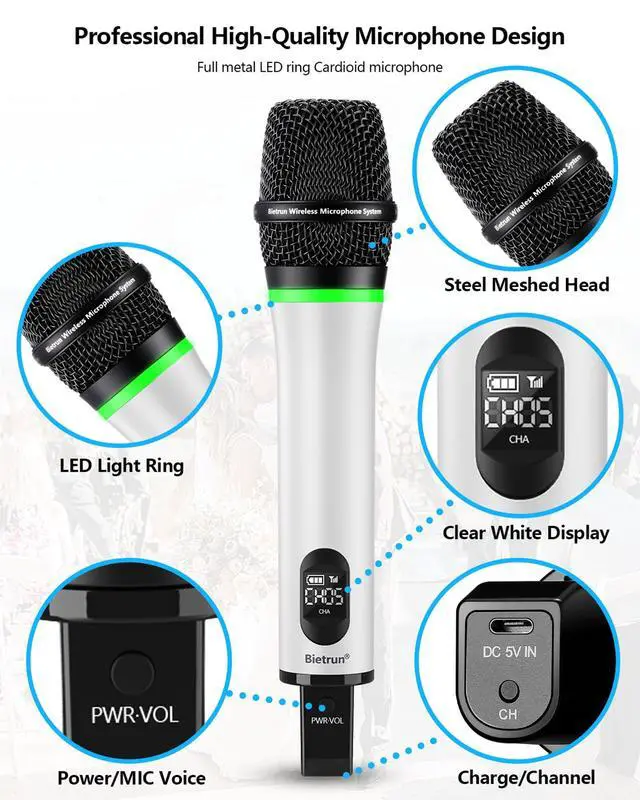 Alt view image 5 of 7 - Rechargeable Wireless Microphone,Dual Metal Cordless Handheld Dynamic Wireless Mics with Bluetooth, UHF 240FT Range for 1/4'',1/8''Output,PA System,Dj,Mixer,Church(WhiteBlack)