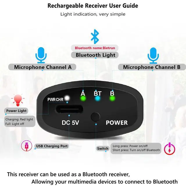 Alt view image 6 of 7 - Rechargeable Wireless Microphone,Dual Metal Cordless Handheld Dynamic Wireless Mics with Bluetooth, UHF 240FT Range for 1/4'',1/8''Output,PA System,Dj,Mixer,Church(WhiteBlack)