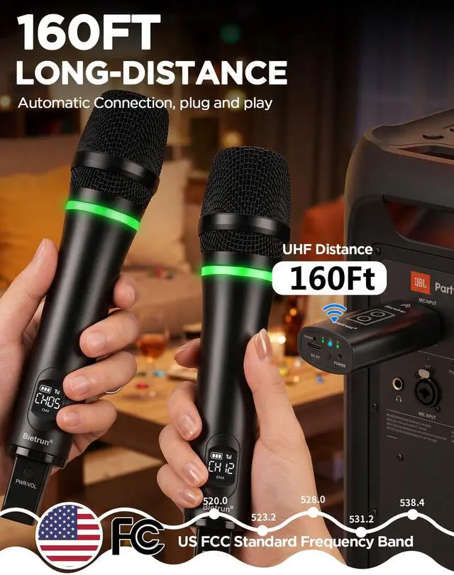 Alt view image 2 of 7 - Rechargeable Wireless Microphone, Dual Metal Cordless Handheld Dynamic Wireless Mics with 1/4'' Output for Karaoke, Meeting, Singing, Church, Wedding(UHF 240ft Range)(Receiver with Bluetooth)