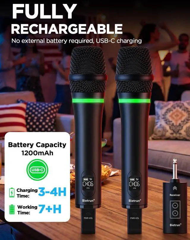 Alt view image 3 of 7 - Rechargeable Wireless Microphone, Dual Metal Cordless Handheld Dynamic Wireless Mics with 1/4'' Output for Karaoke, Meeting, Singing, Church, Wedding(UHF 240ft Range)(Receiver with Bluetooth)
