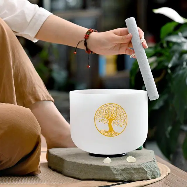Alt view image 3 of 6 - 432HZ 8 Inch F Note Heart Chakra Frosted Quartz Crystal Singing Bowl | Tree of Life Design, Sound Healing Meditation,Mindfulness,Relaxation