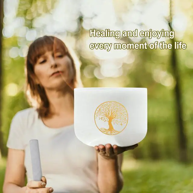 Alt view image 4 of 6 - 432HZ 8 Inch F Note Heart Chakra Frosted Quartz Crystal Singing Bowl | Tree of Life Design, Sound Healing Meditation,Mindfulness,Relaxation