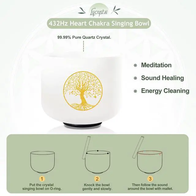 Alt view image 5 of 6 - 432HZ 8 Inch F Note Heart Chakra Frosted Quartz Crystal Singing Bowl | Tree of Life Design, Sound Healing Meditation,Mindfulness,Relaxation