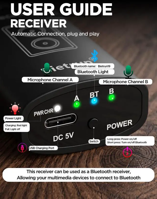 Alt view image 6 of 7 - Rechargeable Wireless Microphone, Dual Metal Cordless Handheld Dynamic Wireless Mics with 1/4'' Output for Karaoke, Meeting, Singing, Church, Wedding(UHF 240ft Range)(Receiver with Bluetooth)