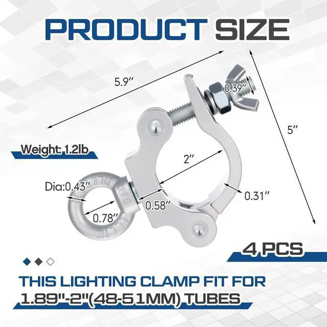 Alt view image 3 of 7 - 4 Pcs Heavy Duty 2 Inch Truss Clamp with Eye Bolt for 48-51mm Truss Tube/Pipe, Aluminum Stage Light Clamps for LED Video Wall and Lighting Mounting