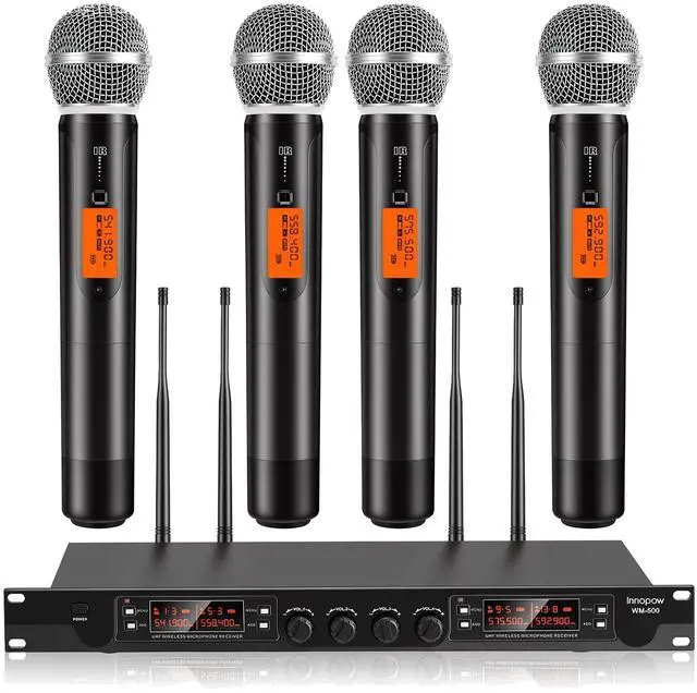 Main image of 4 Channel Wireless Microphones System, Quad UHF Cordless Mic Set,4 * 40 Groups Metal Handheld Dynamic, Auto Scan, Long Range 200-300Ft,16 Hours Use for Church,Singing Bands (WM500)