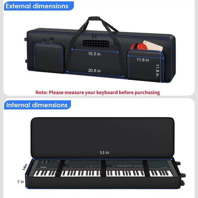 Alt view image 4 of 7 - 88 Key Keyboard Case Soft Gig Bag with Wheels (53"x14.5"x7") | 3 Ways to Carry Padded Piano Bag | 3 Pockets Rolling Travel Bag Compatible with Roland/Yamaha/Casio/Alesis