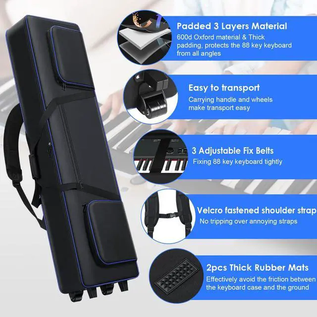 Alt view image 5 of 7 - 88 Key Keyboard Case Soft Gig Bag with Wheels (53"x14.5"x7") | 3 Ways to Carry Padded Piano Bag | 3 Pockets Rolling Travel Bag Compatible with Roland/Yamaha/Casio/Alesis