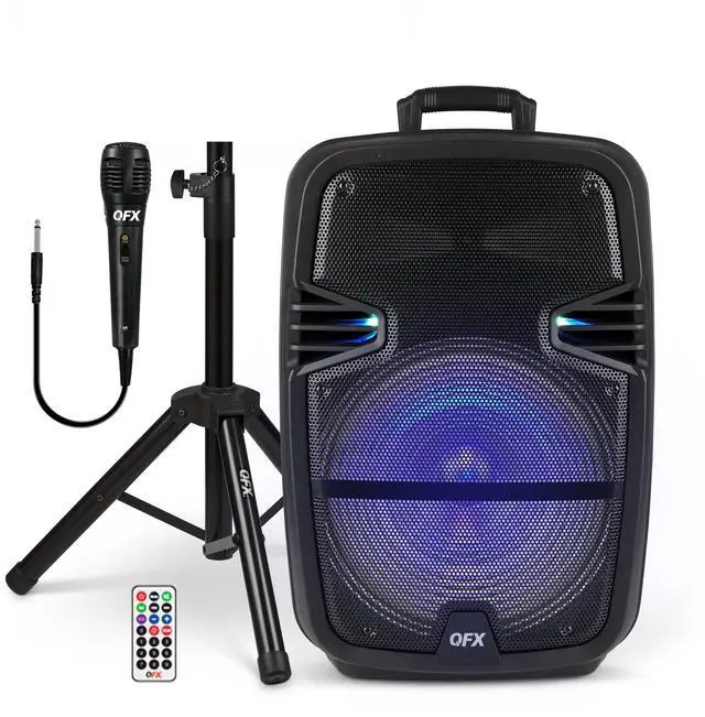 Main image of PBX-616SM 15" Bluetooth Rechargeable Speaker with LED Lights, Mic and Stand, Black | Portable, 15" Woofer, 1.5" Tweeter, TWS, Microphone/AUX/USB Inputs, LED Party Lights