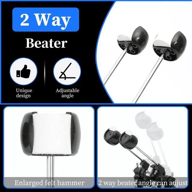Alt view image 6 of 7 - Double Bass drum Pedal,Double Bass Pedal with Adjustable Beater Head,Double Chain Drive Foot Kick Pedal with Drum Key for Drum Set and Electronic Drums
