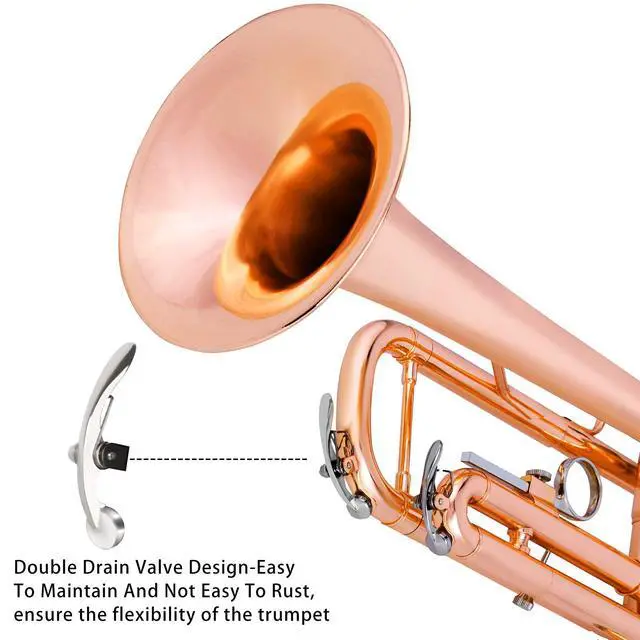 Alt view image 4 of 7 - Bb Trumpet Standard Trumpet Set with Carrying Case,Gloves, 7C Mouthpiece, Cleaning Kit, Tuning Rod (Phosphor Copper)