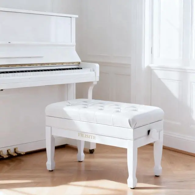 Alt view image 2 of 7 - Adjustable Duet Piano Bench with Storage, Heavy Duty Solid Wood Double Piano Stool Keyboard Bench Seat with PU Leather Padded Cushion (White)