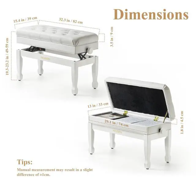 Alt view image 3 of 7 - Adjustable Duet Piano Bench with Storage, Heavy Duty Solid Wood Double Piano Stool Keyboard Bench Seat with PU Leather Padded Cushion (White)