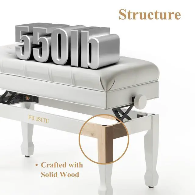 Alt view image 5 of 7 - Adjustable Duet Piano Bench with Storage, Heavy Duty Solid Wood Double Piano Stool Keyboard Bench Seat with PU Leather Padded Cushion (White)