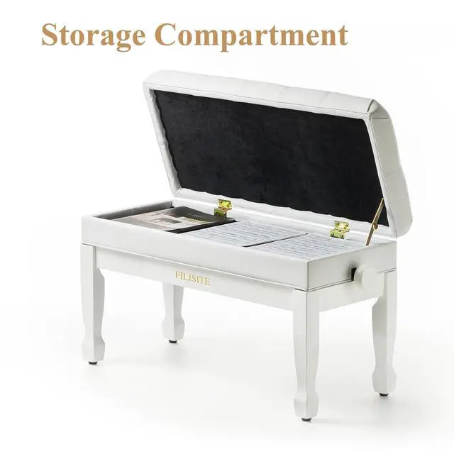 Alt view image 7 of 7 - Adjustable Duet Piano Bench with Storage, Heavy Duty Solid Wood Double Piano Stool Keyboard Bench Seat with PU Leather Padded Cushion (White)