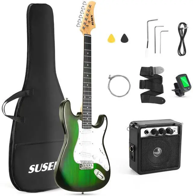 Main image of Electric Guitar, 39 Inch Solid Full-size Electric Guitar S-S-S Pickups Starter Kit Includes Amplifier, Bag, Digital Tuner, Strap, String, Cable, PicksMini AMPGreen)