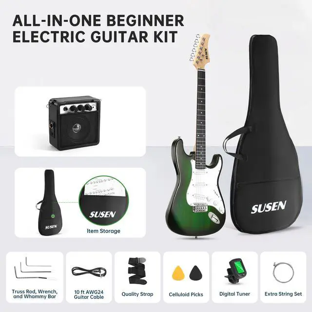 Alt view image 2 of 5 - Electric Guitar, 39 Inch Solid Full-size Electric Guitar S-S-S Pickups Starter Kit Includes Amplifier, Bag, Digital Tuner, Strap, String, Cable, PicksMini AMPGreen)
