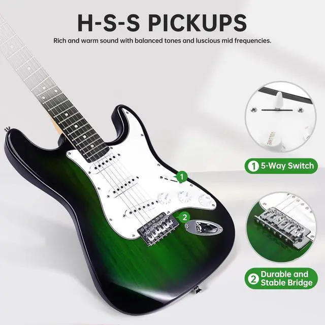 Alt view image 4 of 5 - Electric Guitar, 39 Inch Solid Full-size Electric Guitar S-S-S Pickups Starter Kit Includes Amplifier, Bag, Digital Tuner, Strap, String, Cable, PicksMini AMPGreen)