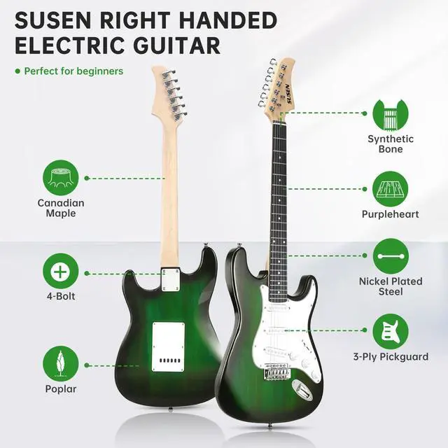 Alt view image 3 of 5 - Electric Guitar, 39 Inch Solid Full-size Electric Guitar S-S-S Pickups Starter Kit Includes Amplifier, Bag, Digital Tuner, Strap, String, Cable, PicksMini AMPGreen)
