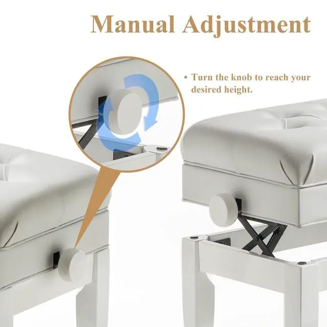 Alt view image 4 of 7 - Adjustable Duet Piano Bench with Storage, Heavy Duty Solid Wood Double Piano Stool Keyboard Bench Seat with PU Leather Padded Cushion (White)