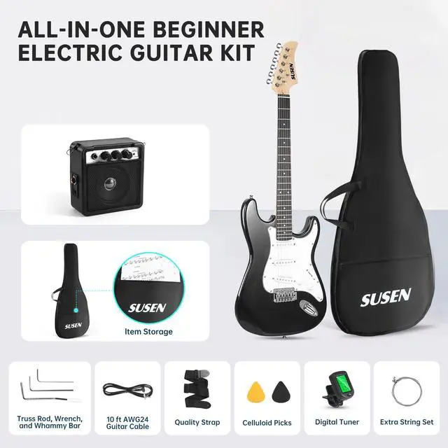 Alt view image 2 of 5 - Electric Guitar, 39 Inch Solid Full-size Electric Guitar S-S-S Pickups Starter Kit Includes Amplifier, Bag, Digital Tuner, Strap, String, Cable, PicksMini AMPBlack)