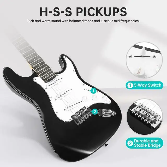 Alt view image 4 of 5 - Electric Guitar, 39 Inch Solid Full-size Electric Guitar S-S-S Pickups Starter Kit Includes Amplifier, Bag, Digital Tuner, Strap, String, Cable, PicksMini AMPBlack)