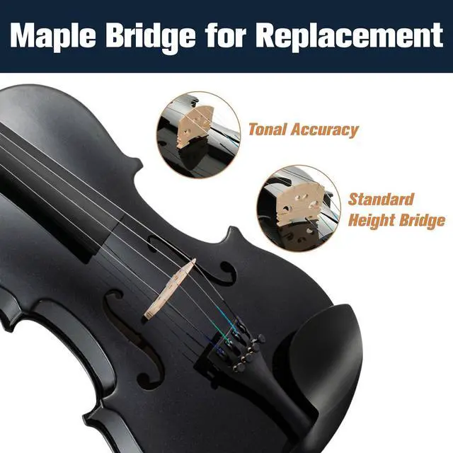 Alt view image 3 of 7 - Violin 4/4 Full Size Kit For Beginners - Hand Carved Acoustic Violins Set - Fiddle Solid Wood Kit with Hard Case, Bow, Rosin, Shoulder Rest, Bridge and Extra Strings (Black)