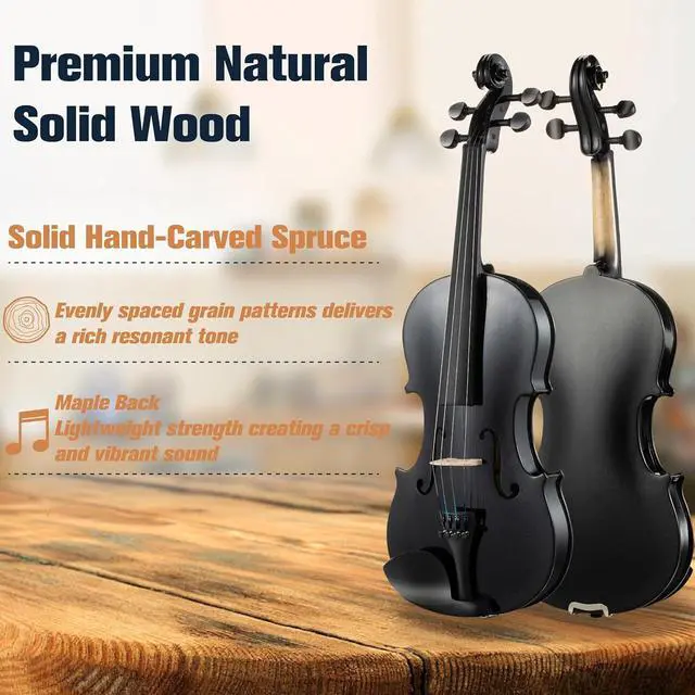 Alt view image 2 of 7 - Violin 4/4 Full Size Kit For Beginners - Hand Carved Acoustic Violins Set - Fiddle Solid Wood Kit with Hard Case, Bow, Rosin, Shoulder Rest, Bridge and Extra Strings (Black)